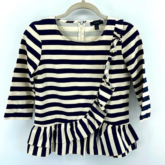 J. Crew striped scoop neck asymmetrical ruffle peplum hem 3/4 sleeve top sz XS - Picture 1 of 6